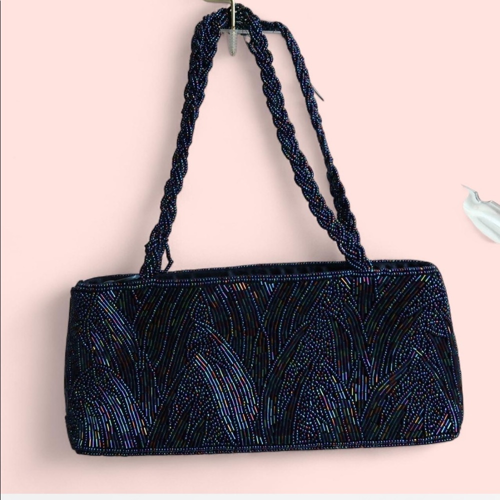 Navy blue beaded bag.
